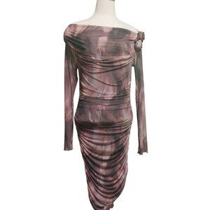 NWT Commense Women's Pink/Mauve Long Sleeve Ruched Mesh Dress W/ Rosette's Large